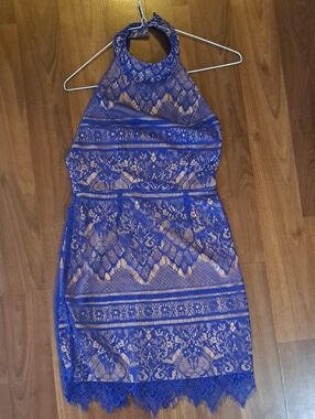 Dress Forum Royal Blue Lace Halter Mini Dress